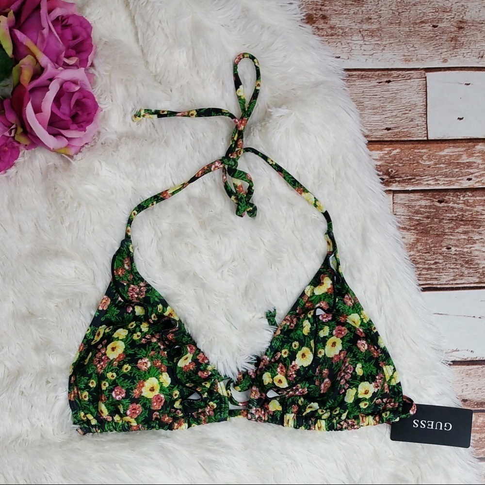 Guess Triangle Ruffle Floral Bikini Top